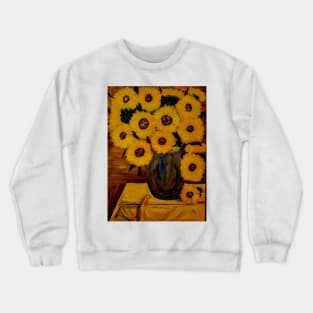 Sunflowers I'm a metallic blue gold and bronze and turquoise vase. On a table with yellow table cloth Crewneck Sweatshirt